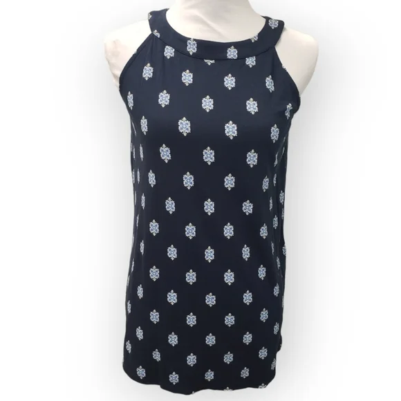 J. Jill Halter Neckline Sleeveless Tunic Navy Tile Print Size Small Petite - Picture 2 of 8